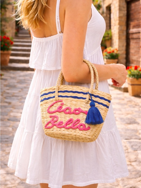Handbags - Ciao Bella Straw Woven Mini Tote / Purse 🌊 Pink & Blue Tassel Summer Bag